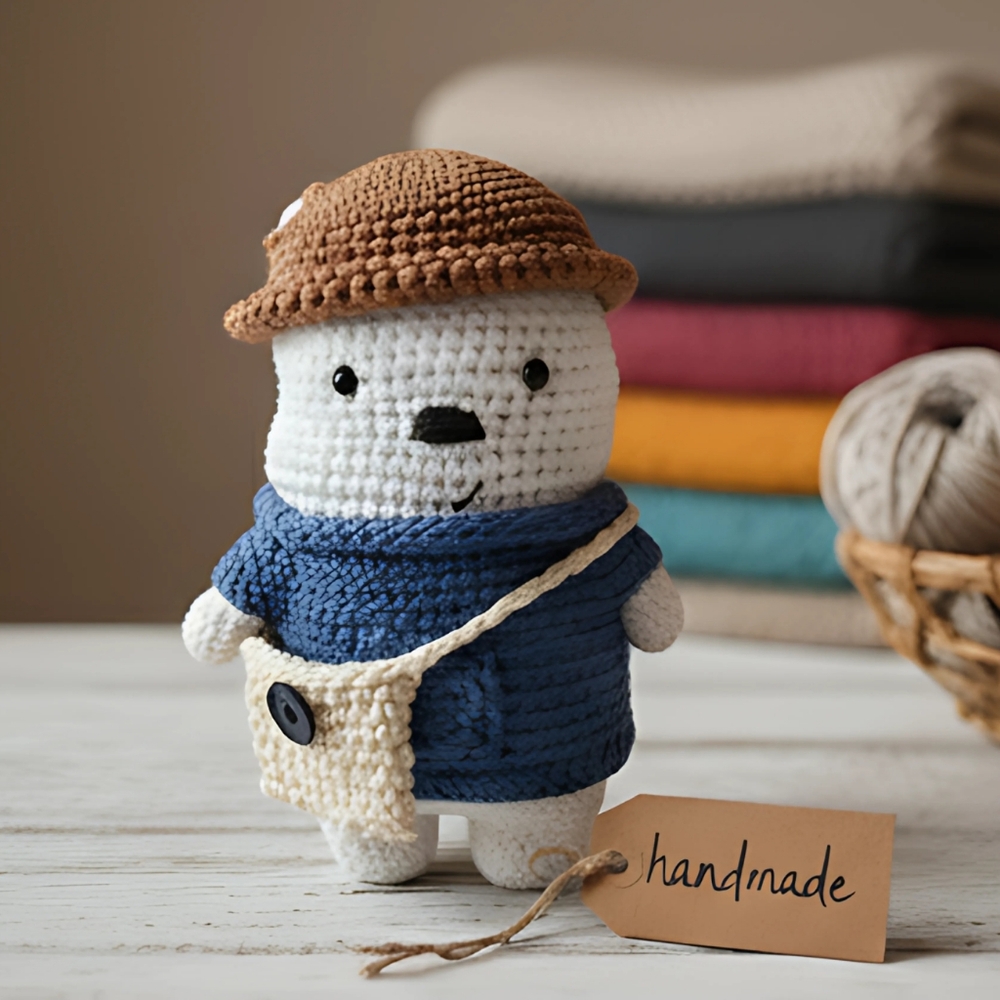 Handmade Crochet Bear w/ Blue Sweater and Brown Hat